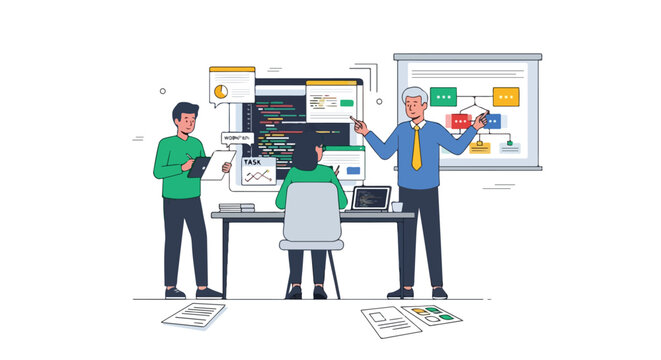 A professional team collaborates on a software project, featuring a mentor guiding developers amidst code and data visualizations.