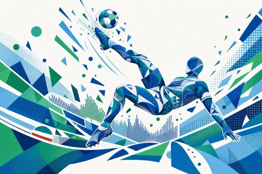Uzbekistan national football team wallpaper, banner, background. Uzbekistan soccer player performing an aerial bicycle kick in a dynamic geometric poster design.