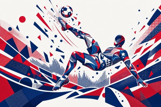 United States national football team wallpaper, banner, background. United States soccer player performing an aerial bicycle kick in a dynamic geometric poster design.