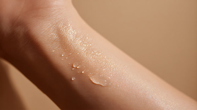 Close-up view of a hydrated human arm with water droplets and translucent gel, emphasizing moisture and healthy skin texture on a natural background