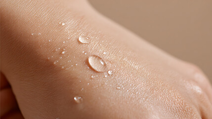 Fototapeta premium Close-up of human skin with clear water drops, showcasing hydration and natural beauty in a vibrant, fresh, and pristine context