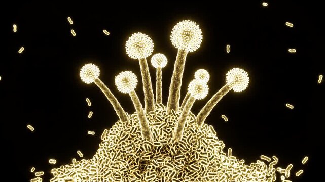 Microscopic Golden Fungi Sprouting from Bacterial Colony