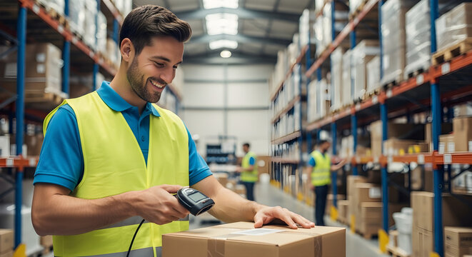 Warehouse worker scanning box while smiling at camera