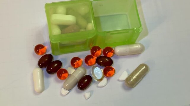 Green pillbox with scattered supplement capsules. Closeup view of translucent green container open on white surface, assortment