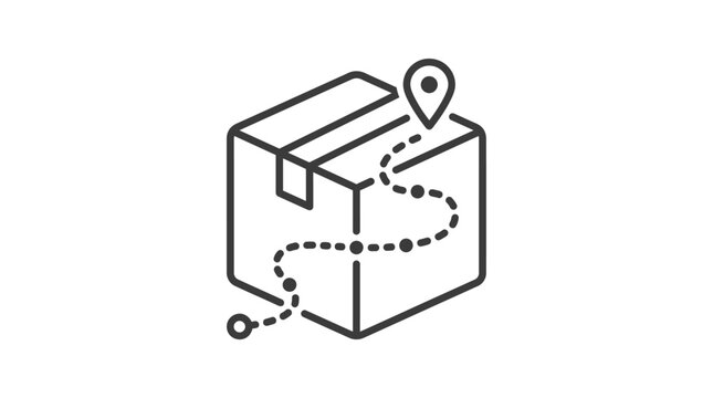 Line art illustration of a delivery box with a dotted route and location pin, symbolizing logistics and shipping services