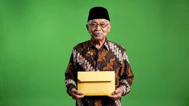 Elderly Southeast Asian Man Wearing Dark Batik Shirt Holding Envelope Against Green Background