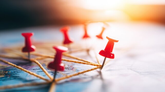 Map with red pins showing travel routes in the afternoon sun