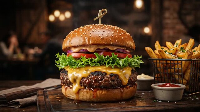 Sizzling gourmet cheeseburger juicy patty, melted cheese, fresh toppings, golden fries. Cinematic hot meal, irresistible restaurant dining
