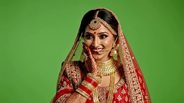 Exquisite South Asian Bride In Vibrant Red Lehenga With Gold Embroidery Showcasing Stunning Bridal Jewelry And Mehndi Gesture Against A Solid Green Background