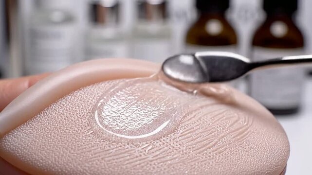 Extreme Close-Up View of Lightweight Eye Gel Being Spread on Silicone Skin Texture with Blurred Cosmetic Products in Background