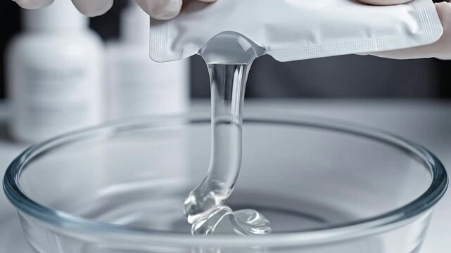 Extreme Macro Close-Up of Hands in Gloves Opening a Blank White Eye Mask Sachet with Liquid Dripping into a Clear Bowl on a Soft Studio Background