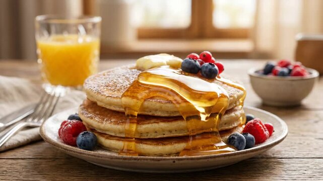 Golden, fluffy pancakes, generously drizzled with glistening maple syrup, topped with vibrant fresh blueberries and ripe raspberries, a delightful morning breakfast