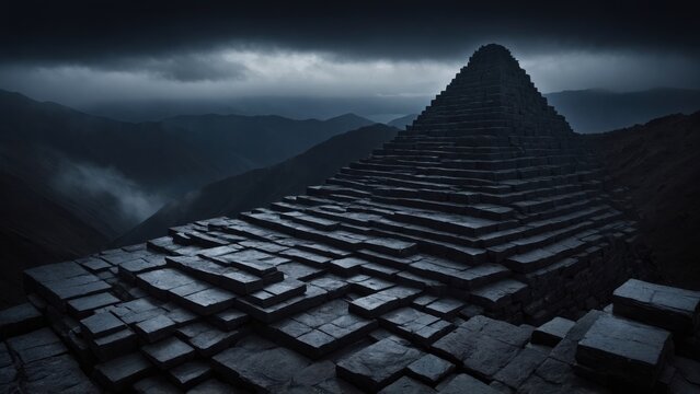 Conceptual architectural step pyramid built from dark volcanic basalt blocks under a stormy sky.