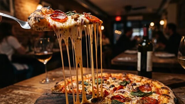 Capturing a mouth-watering moment as a slice of delicious pepperoni pizza with an extraordinary cheese pull is lifted from the whole pie, ready to be enjoyed in a warm, inviting restaurant atmosphere
