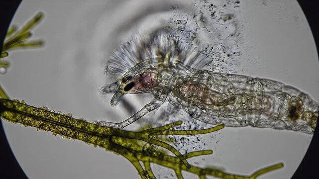Transparent Aquatic Insect Larva Under Microscope
