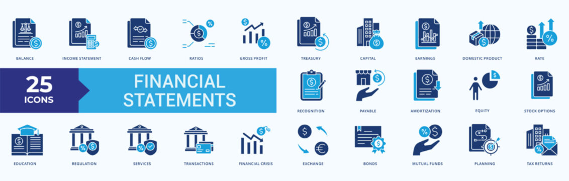 Financial Statements Icon Set Flat blue STyle Illustration Vector with balance, income, statement, cash, flow, ratios, gross, profit,