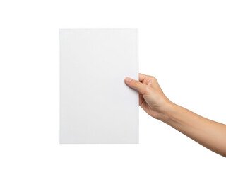 Obraz premium Hand holding a blank white sheet of paper vertically isolated on transparent background