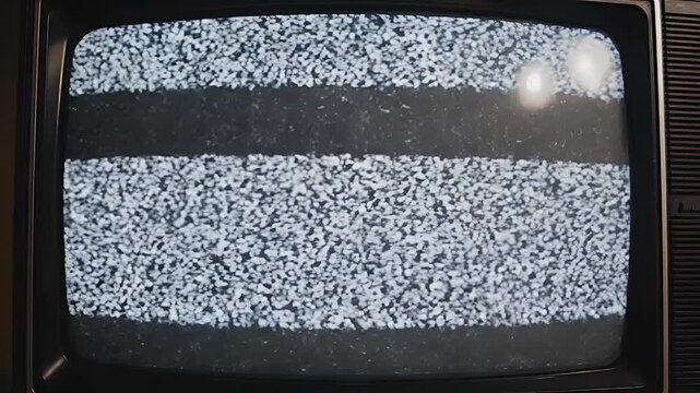 A vintage television screen displays a static-filled image, evoking a sense of nostalgia and technological obsolescence.