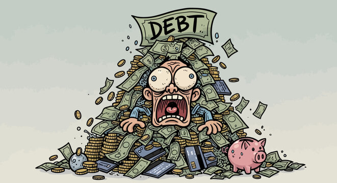 Overwhelmed man buried under debt money.
