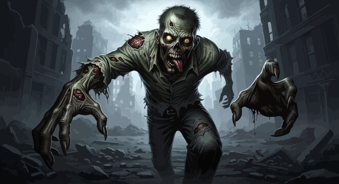 A zombie standing in a desolate post-apocalyptic cityscape with a destroyed environment.