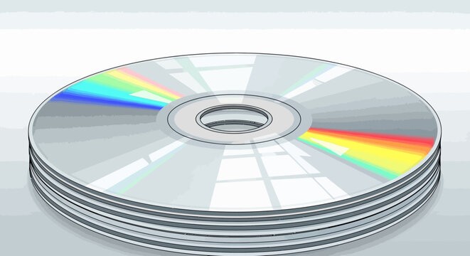 A stack of shiny silver CDs with rainbow colors.