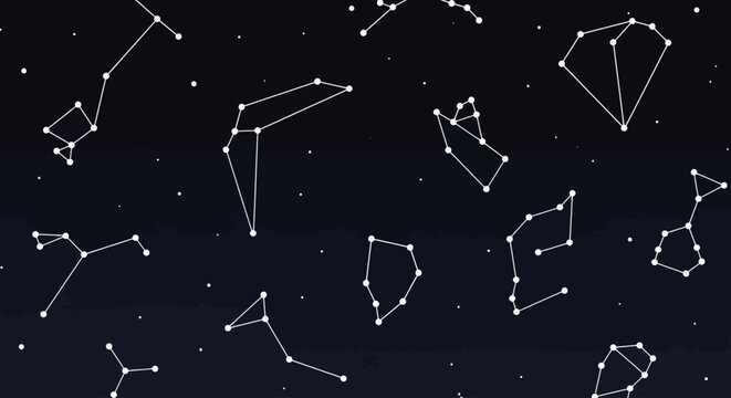 Illustration of various star constellations in night sky.