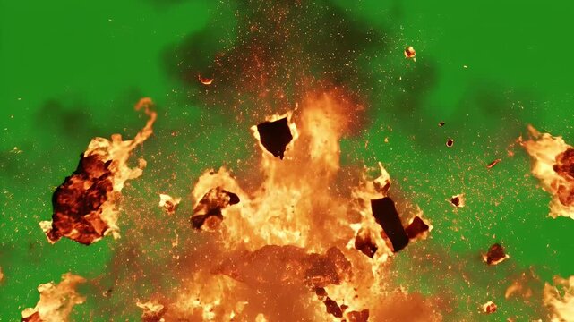 A vibrant explosion of fire and debris is captured against a bright green screen, showcasing a dynamic visual effect.