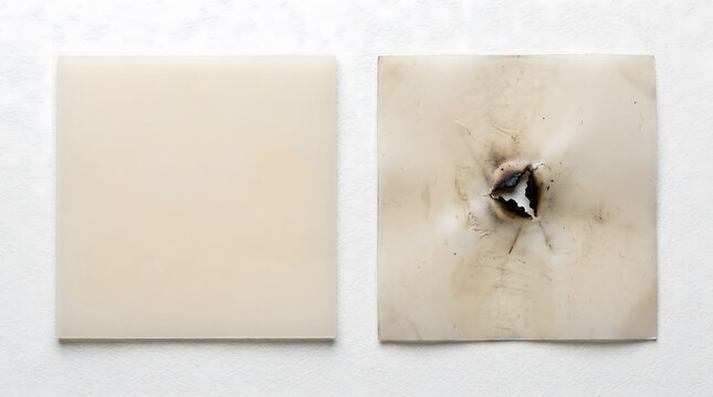 Comparison of a clean and burned tile, material testing and durability Wind turbine close up detail mechanic working on blade &mdash; ESG green tech renewable clean energy sustainable technology