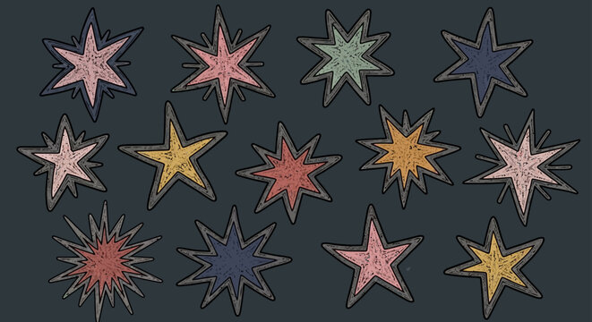 abstract starburst pattern featuring colorful distressed stars on a dark background creating a retro textured graphic design element.