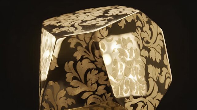 A close-up shot showcases a crumpled, paper-like cube adorned with an intricate gold floral pattern against a stark black background, highlighting the interplay of light and texture.