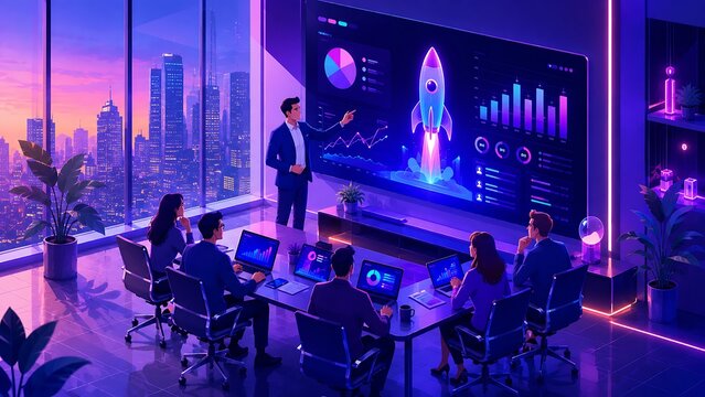 Business team presentation with futuristic data analytics dashboard and city skyline background in purple blue tones