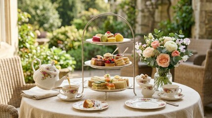 Fototapeta premium Memorial Day outdoor tea setting with desserts and flowers in garden