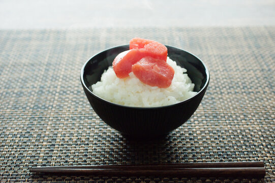 Japanese rice bowl with mentaiko on top, traditional food concept