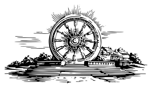 Ancient Wheel of Dharma Buddhist Symbol, Sacred Dharmachakra and Temple Architecture Illustration Vector
