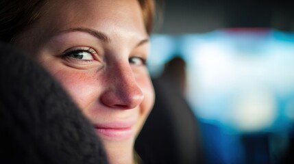 Fototapeta premium Young woman smiles while sitting on a bus during a journey in the city