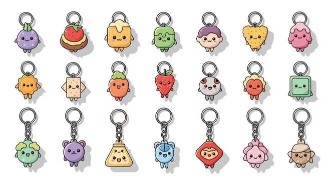 adorable collection of kawaii keychains featuring cute cartoon characters with happy faces perfect for merchandise design and playful projects