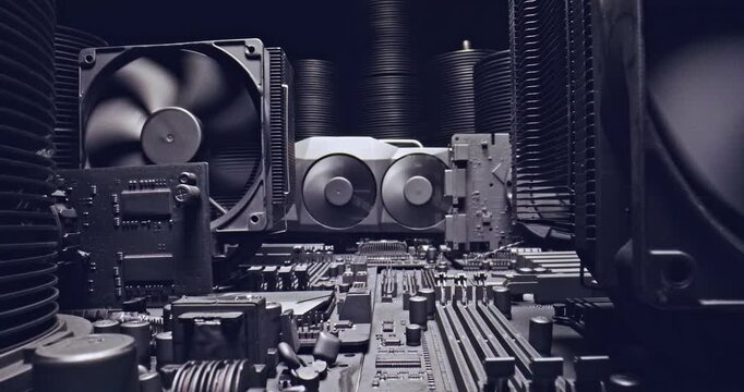 Close up of working motherboards and graphic card on board.