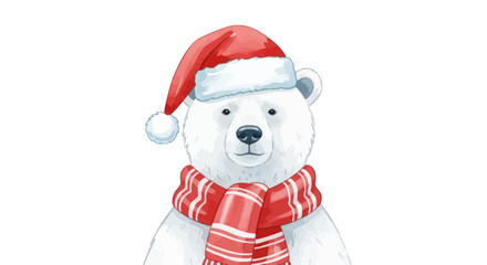 Cute Polar Bear Wearing Santa Hat and Scarf, Christmas Character Illustration © Fiji