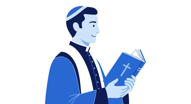 Christian Clergy Reading Holy Bible Book with Cross Symbol