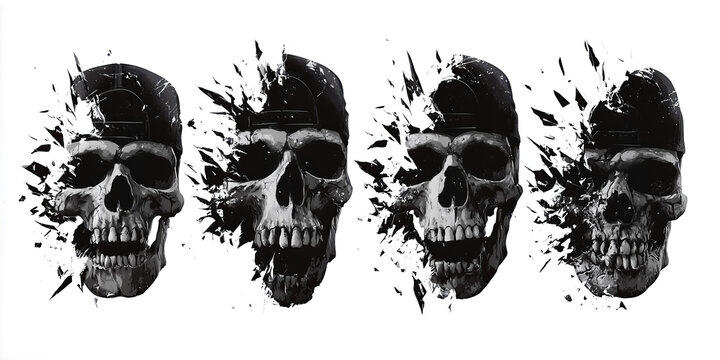 Four Cracked Skull Illustrations: Bold Black and White Decay Art for Dark, Edgy Designs