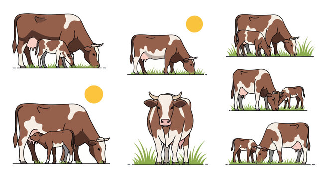 Brown and White Cows Grazing in Green Pasture with Sun - Vector Art Collection