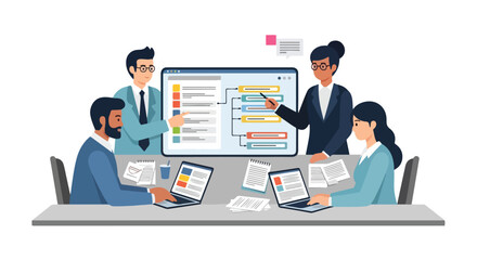 Fototapeta premium A group of four diverse professionals collaborate in an office meeting, analyzing a complex workflow displayed on a large digital screen and laptops.