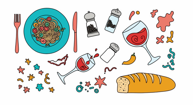 a vibrant italian food illustration with pasta wine and dining elements scattered ideal for culinary concepts.