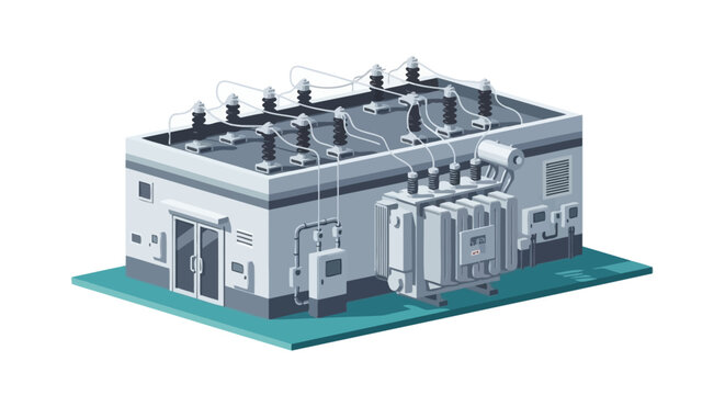 electrical substation power station a modern isometric illustration of an energy distribution facility and high voltage transformer.