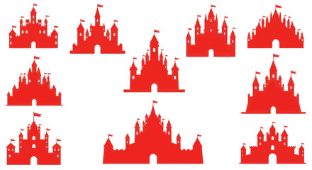 Collection of Red Castle Silhouettes with Flags on White Background © fredi