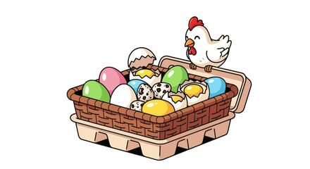 Cute Cartoon Chicken and Colorful Easter Eggs in Basket © fredi