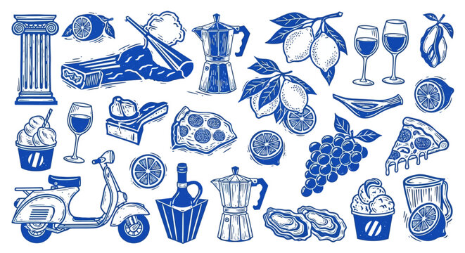a set of italian culture and mediterranean food illustrations including pizza coffee and evoking a sunny holiday.