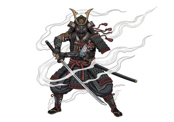 Fototapeta premium Samurai warrior in traditional black armor drawing katana sword with mystical smoke.