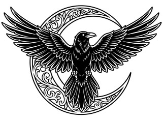 Fototapeta premium Detailed illustration of a majestic raven flying in front of a crescent moon.