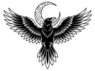 Fototapeta premium Black raven flying in front of a decorative crescent moon illustration.